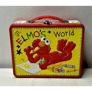 Sesame Street 2009 Elmo's World Tin Lunch Box Metal Yellow Crayons Damaged